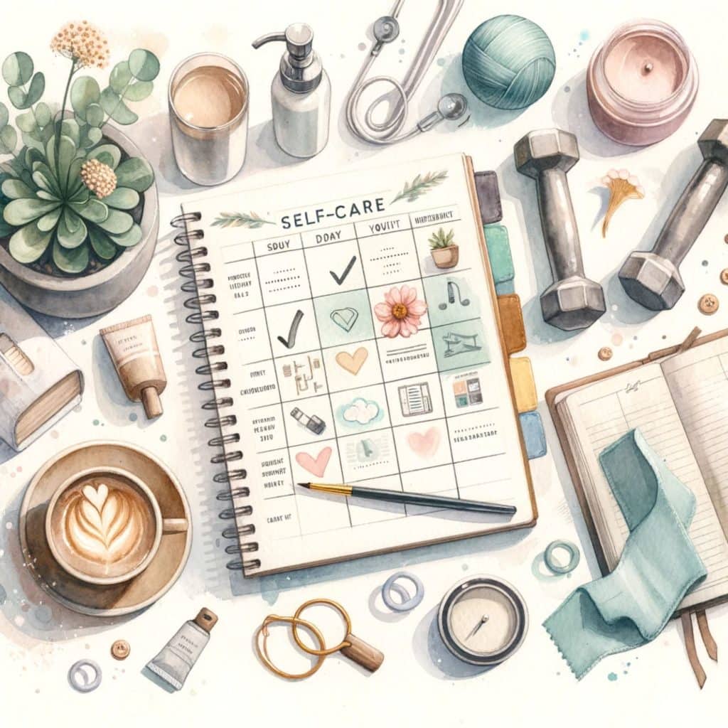 Pieces of self care items around a notebook