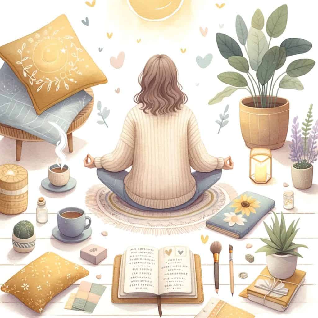 A woman surrounded by self care items