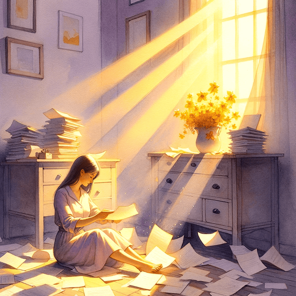 A woman in a room with papers blown about