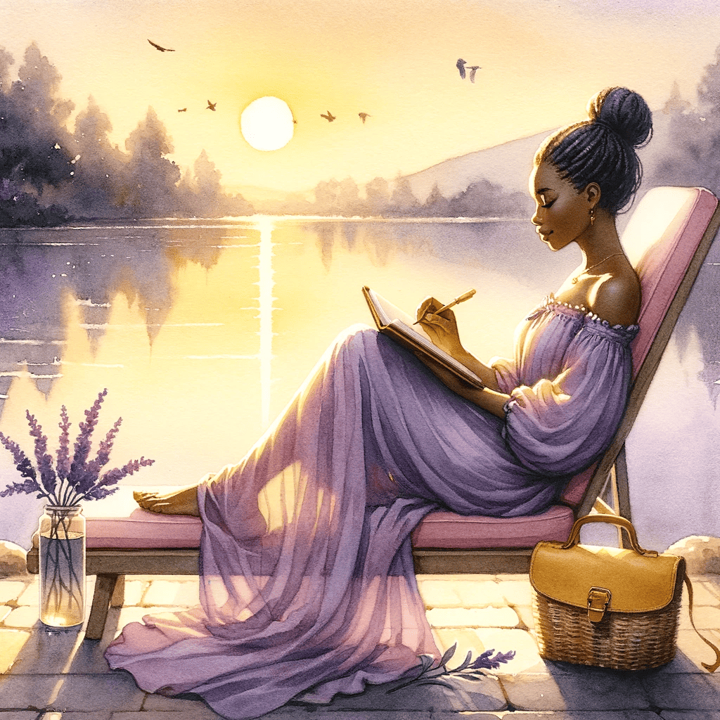 A woman journaling in front of a gorgeous lakeside