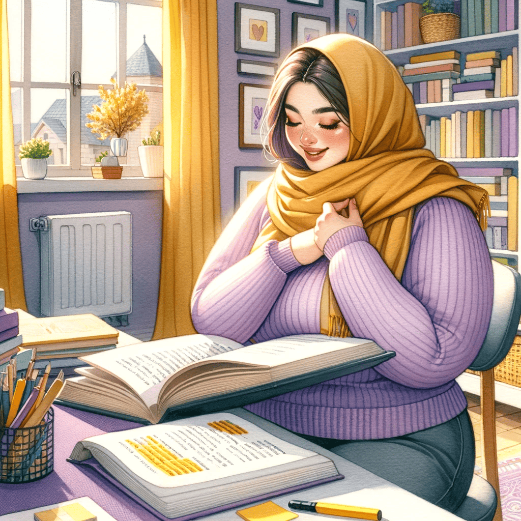 A woman with a book out learning