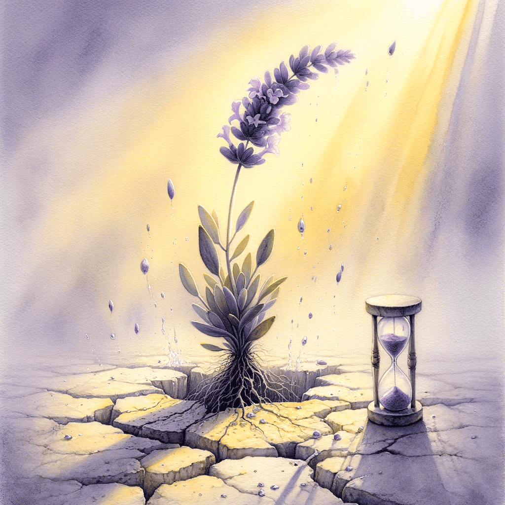 A plant growing through concrete and a sand timer running