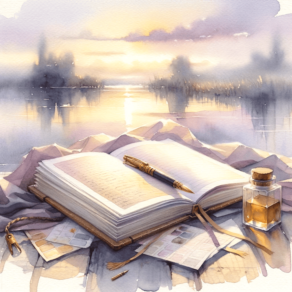An open journal in front of a beautiful lake