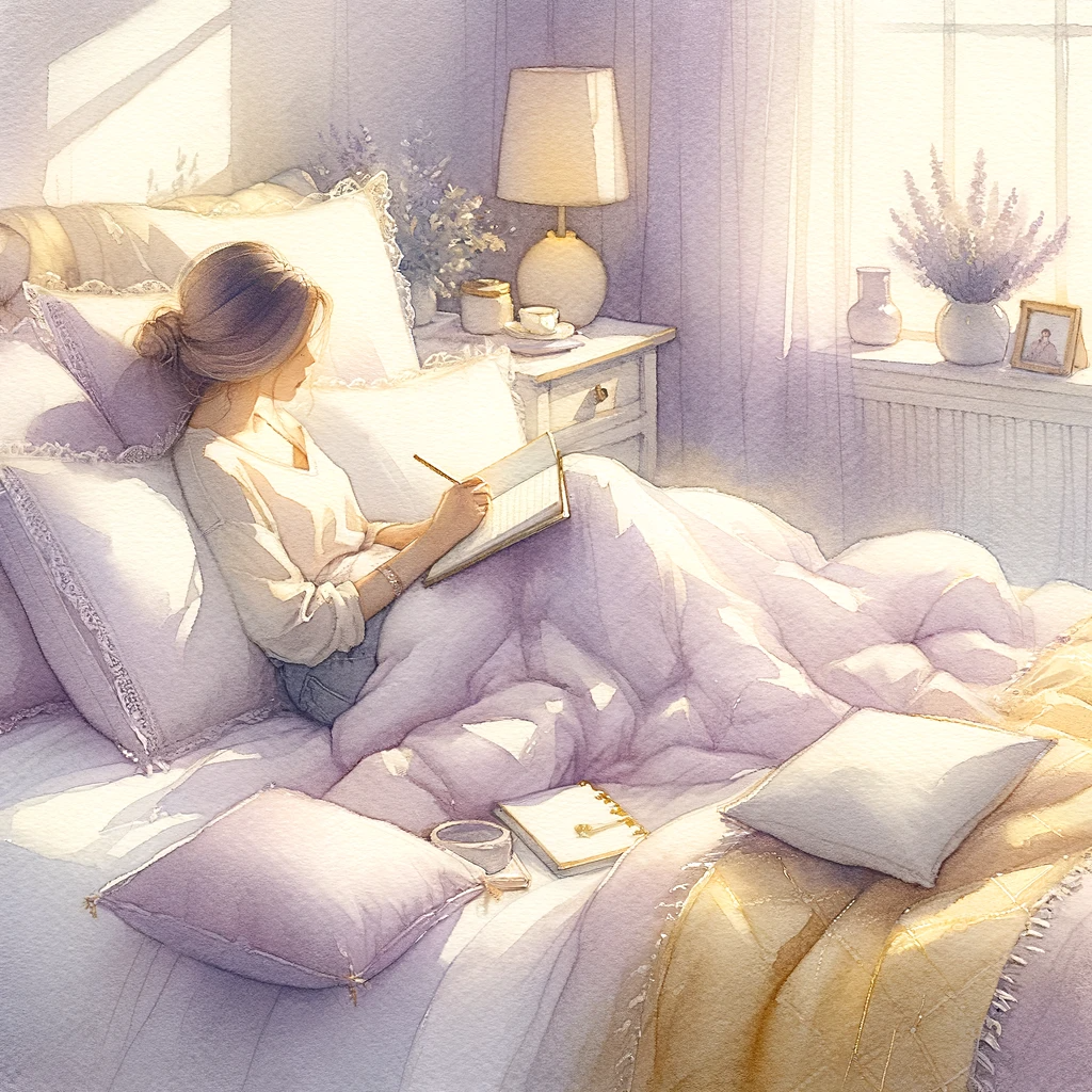 Cover image for journal prompts for self love post - a woman sitting in bed journaling