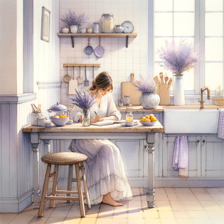 Cover image for journal prompts for healing - features a woman journaling at her kitchen table.