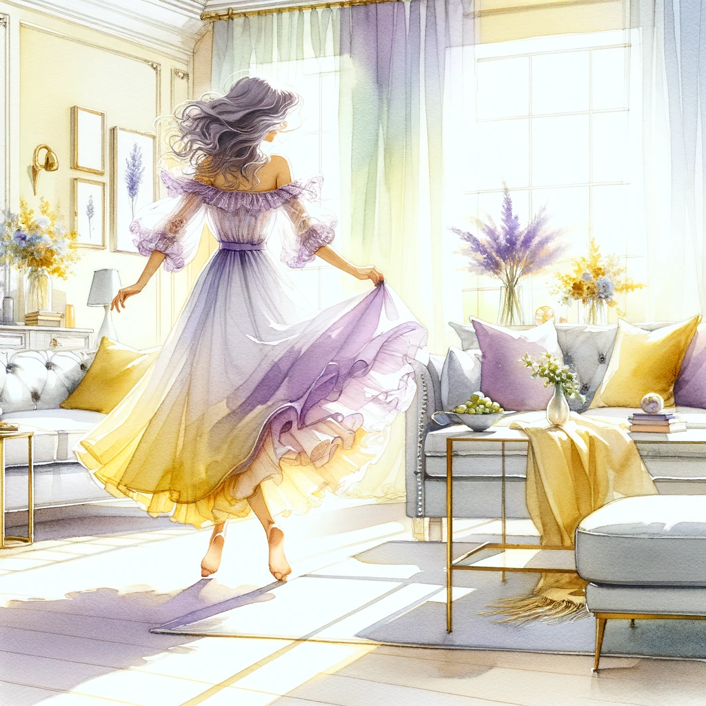 A woman dancing around her living room