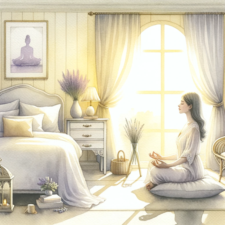 Cover image for self care saturday post - features a woman meditating in her bedroom