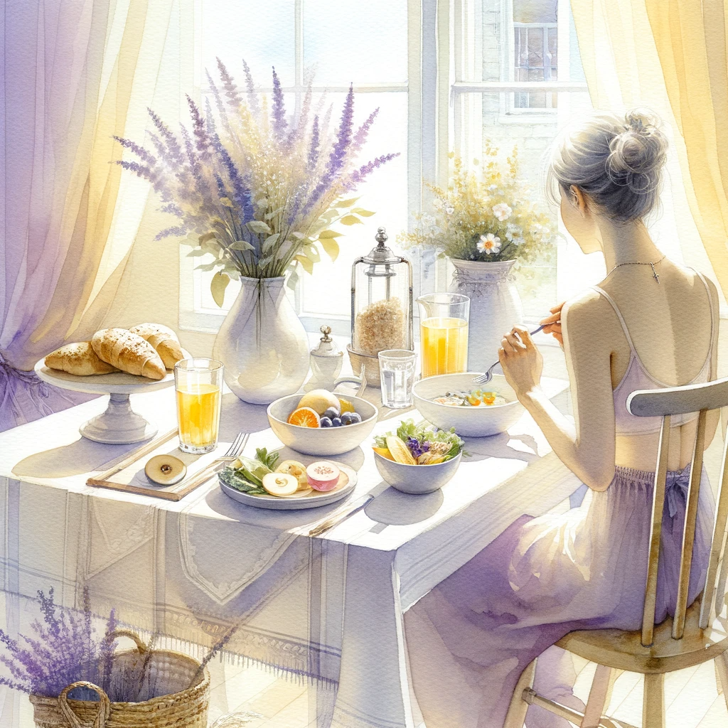 A woman eating a delicious Saturday morning brunch.