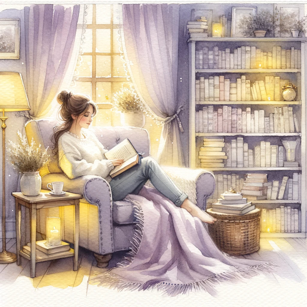 A woman cozy reading in her study